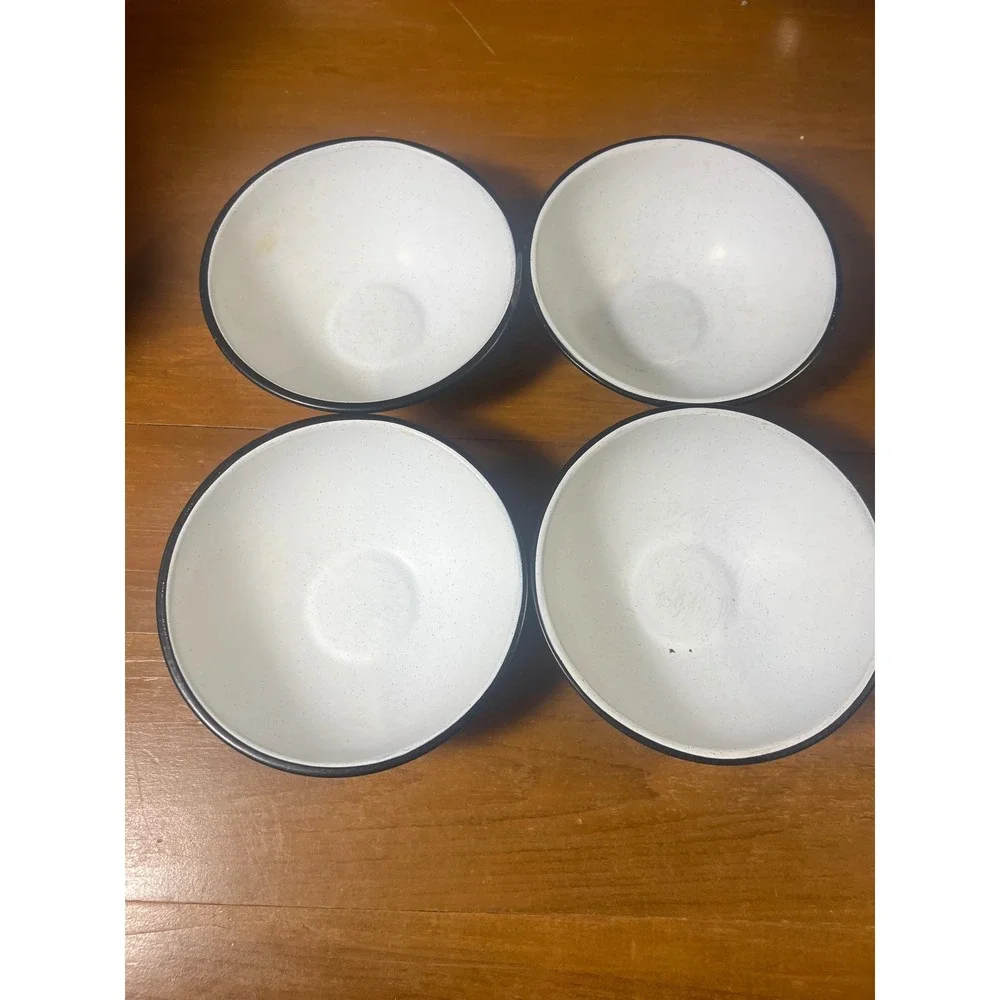 Vtg White Speckled Enamelware Bowls with Black Rim Set of‎ 4 Farmhouse Camping